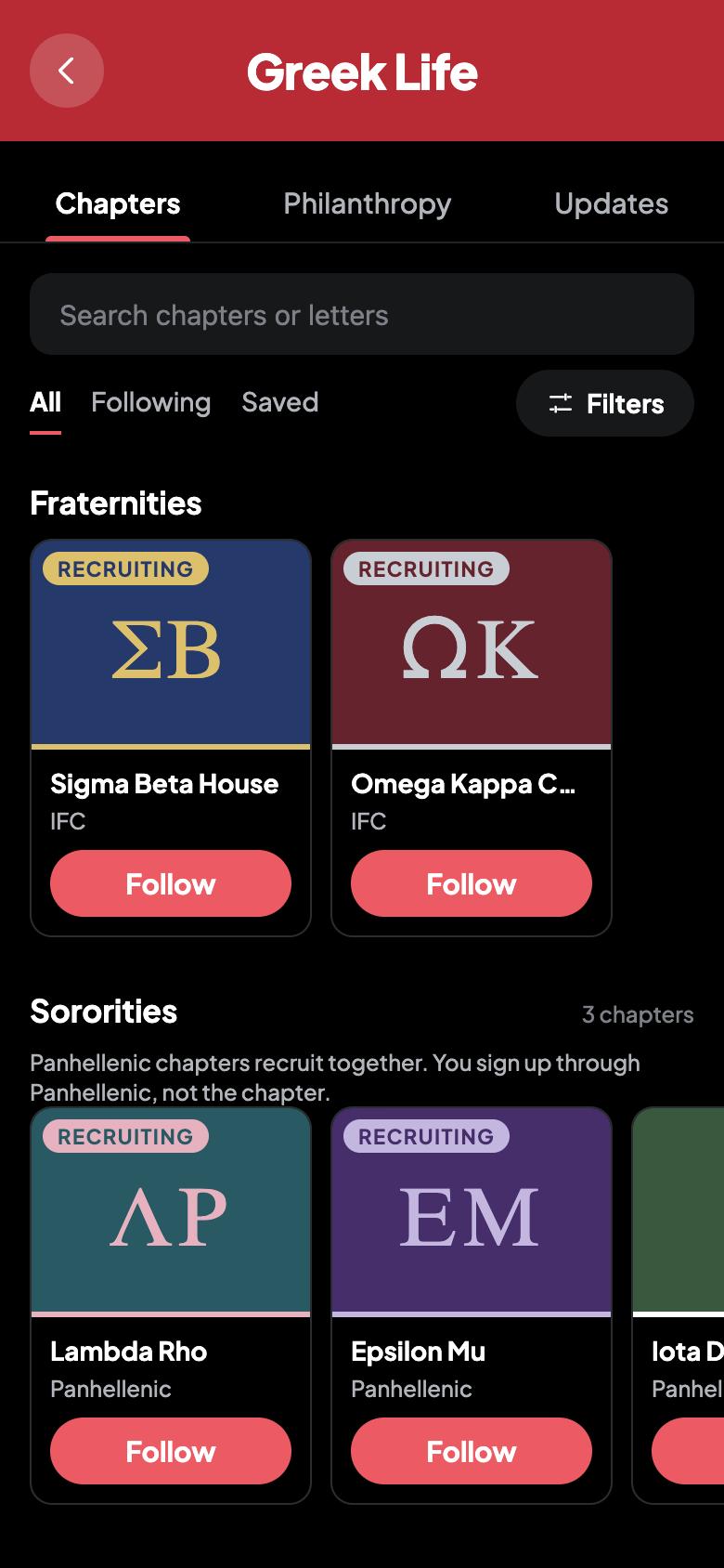 Greek Life: fraternity and sorority chapters with who's recruiting