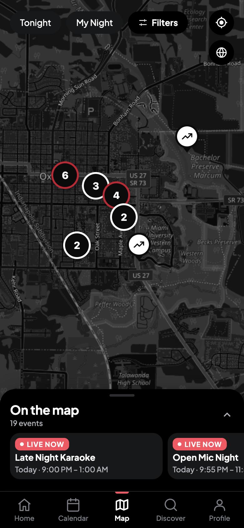 Map with event pins around campus